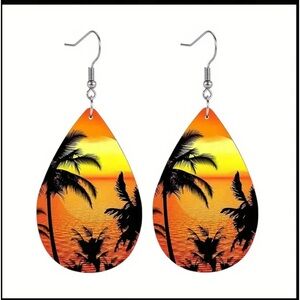 Vegan Leather Beach Scene Palm Tree Drop Earrings